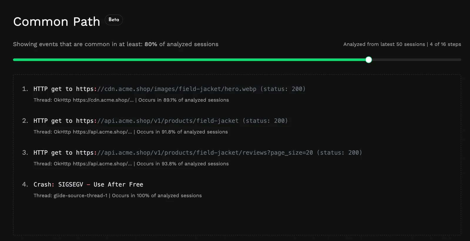 The common path of a use-after-free crash, showing the network requests that most crashed sessions made right before the crash.