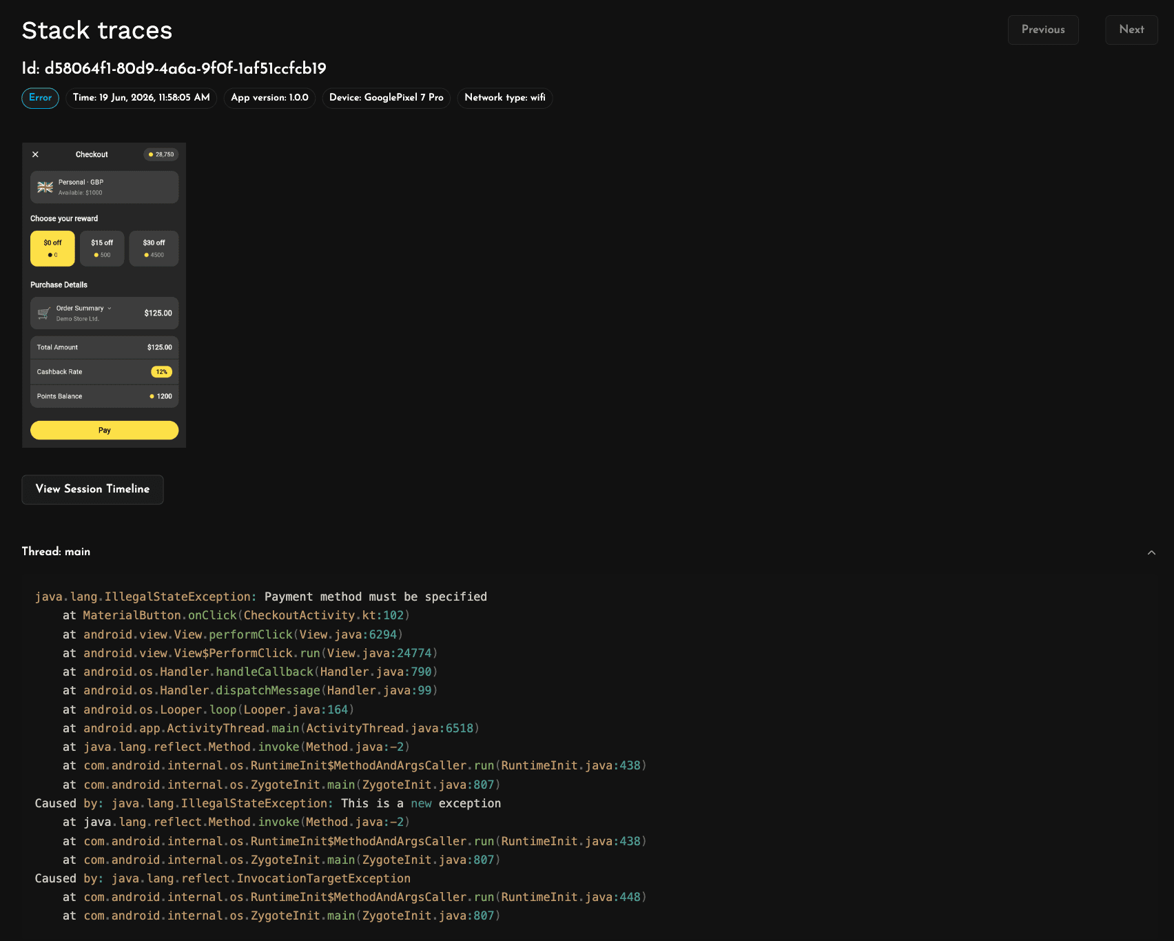 Detailed crash stack trace with all threads for an Android app in Measure