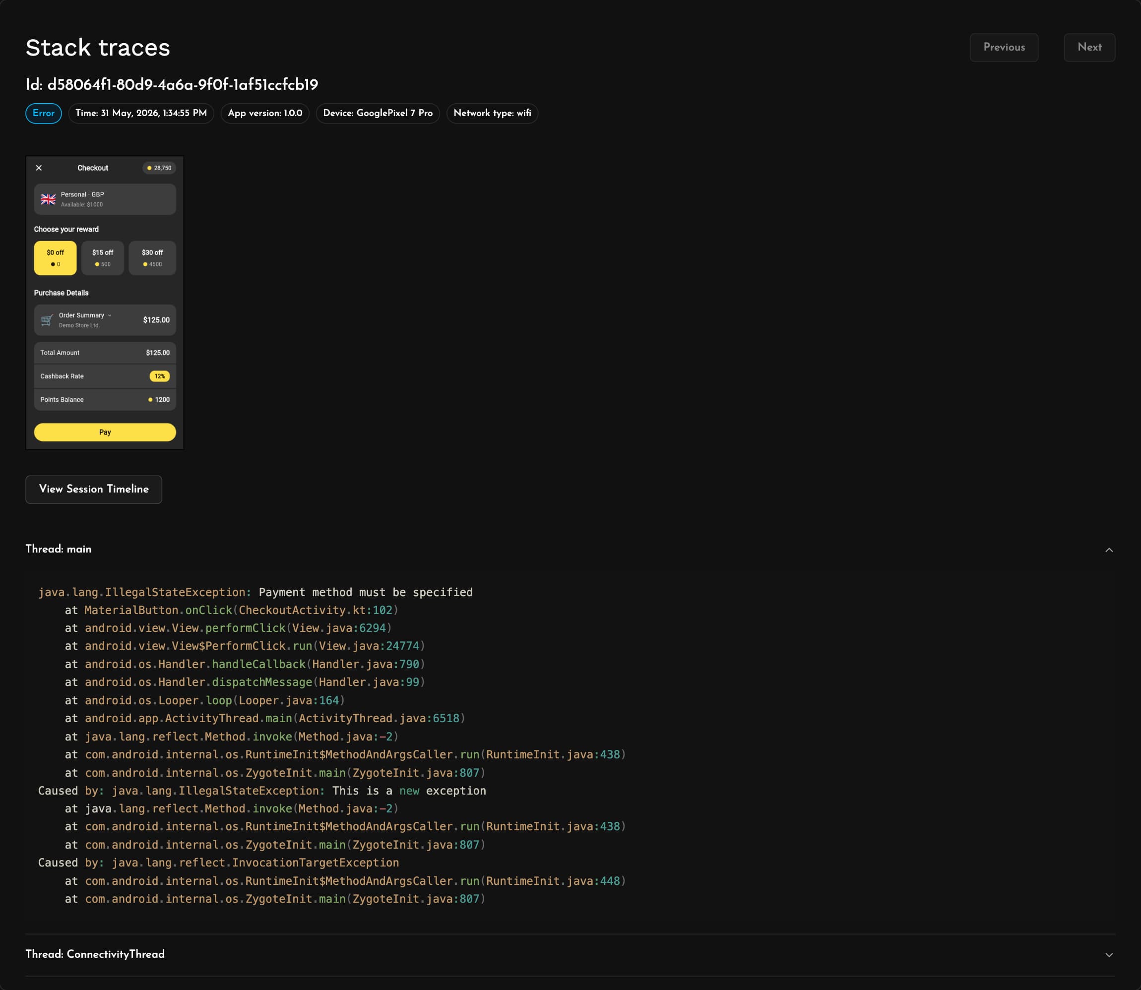 A crash detail view in Measure showing the stacktrace, affected sessions and distribution across devices and app versions