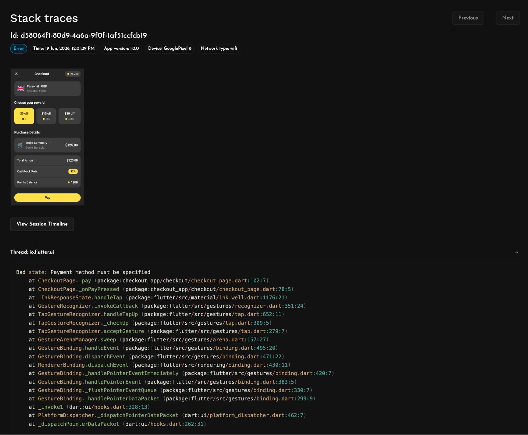 Detailed crash stack trace with all threads for a Flutter app in Measure