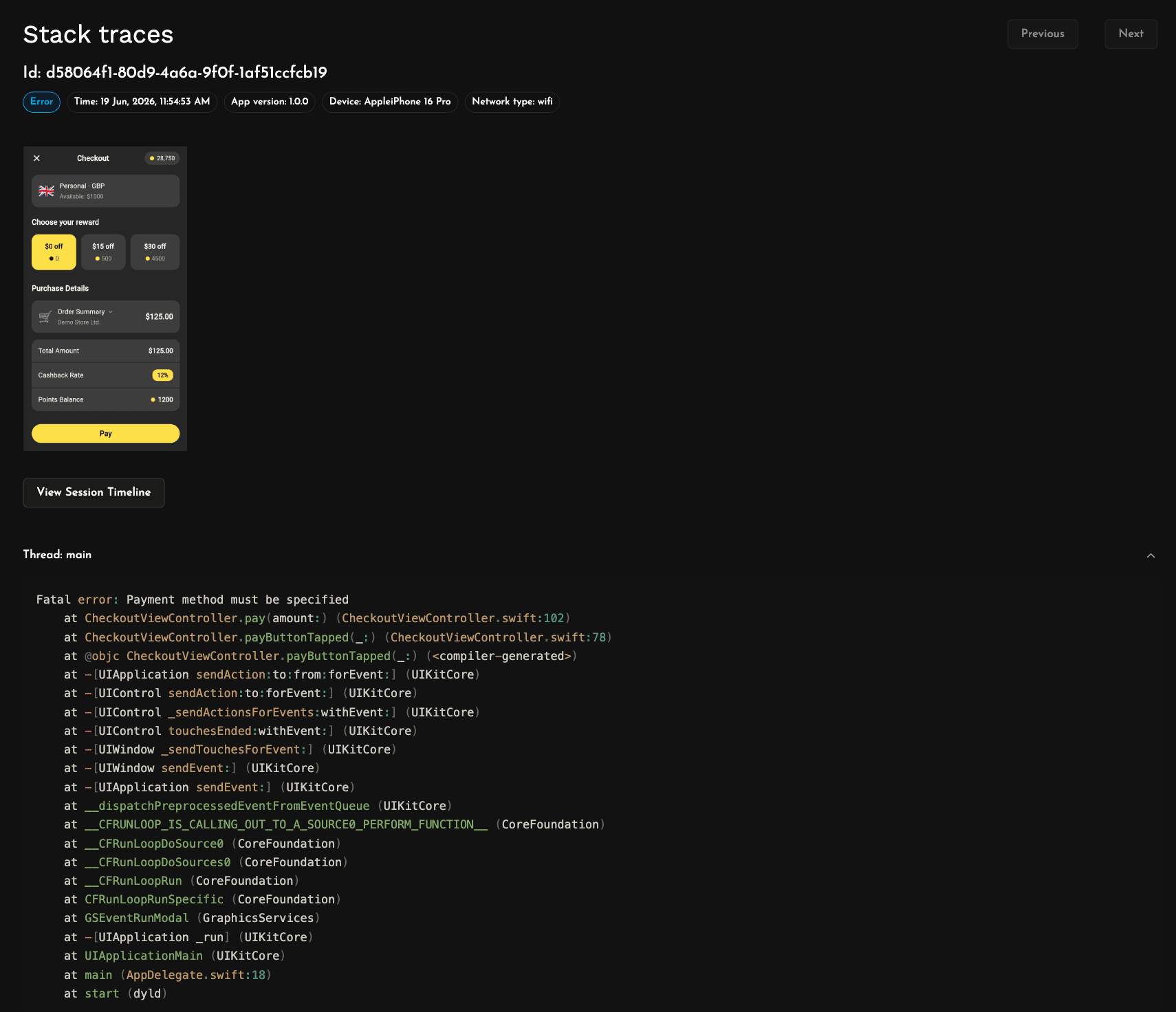 Detailed crash stack trace with all threads for an iOS app in Measure