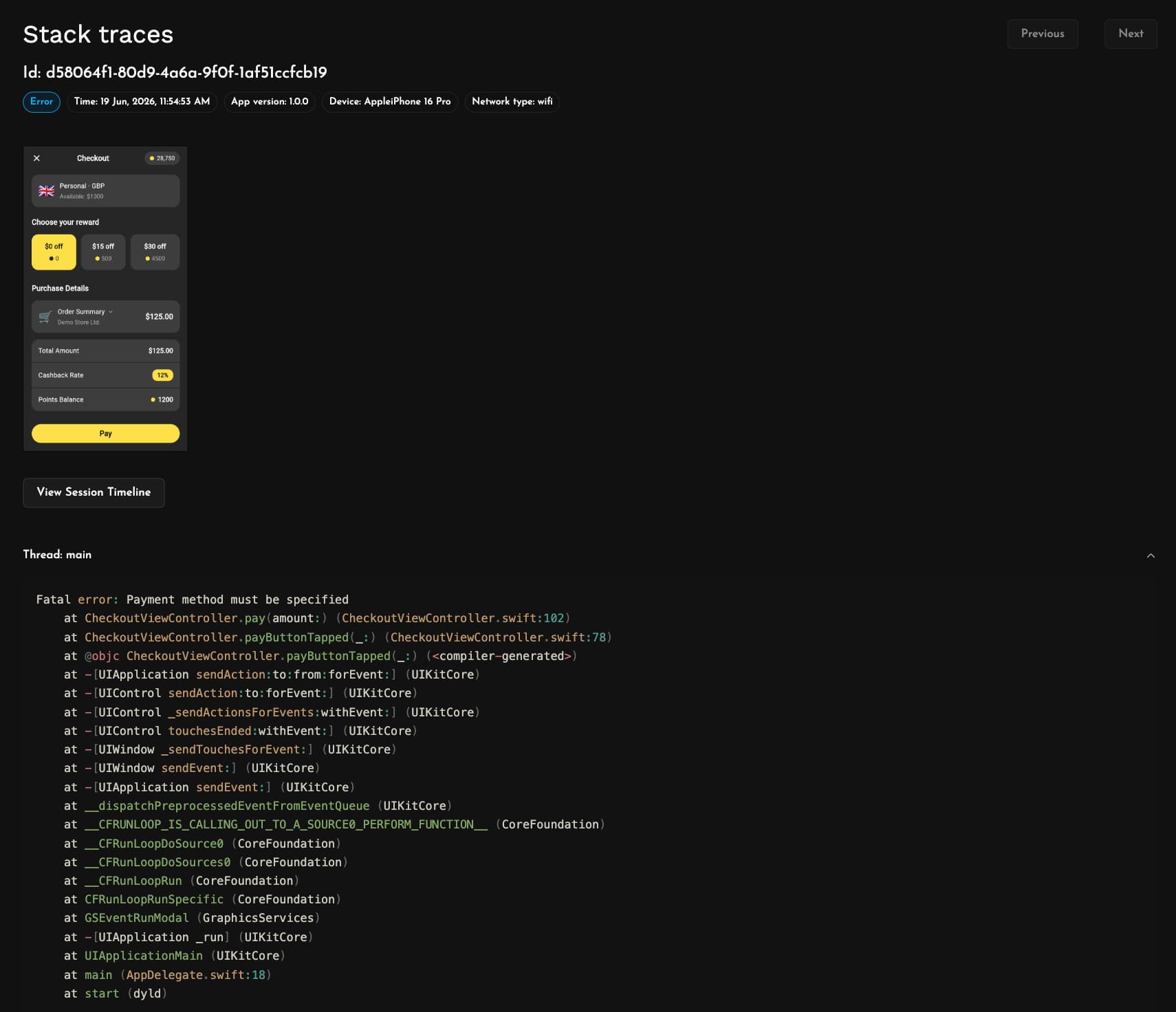 Detailed crash stack trace with all threads for an iOS app in Measure