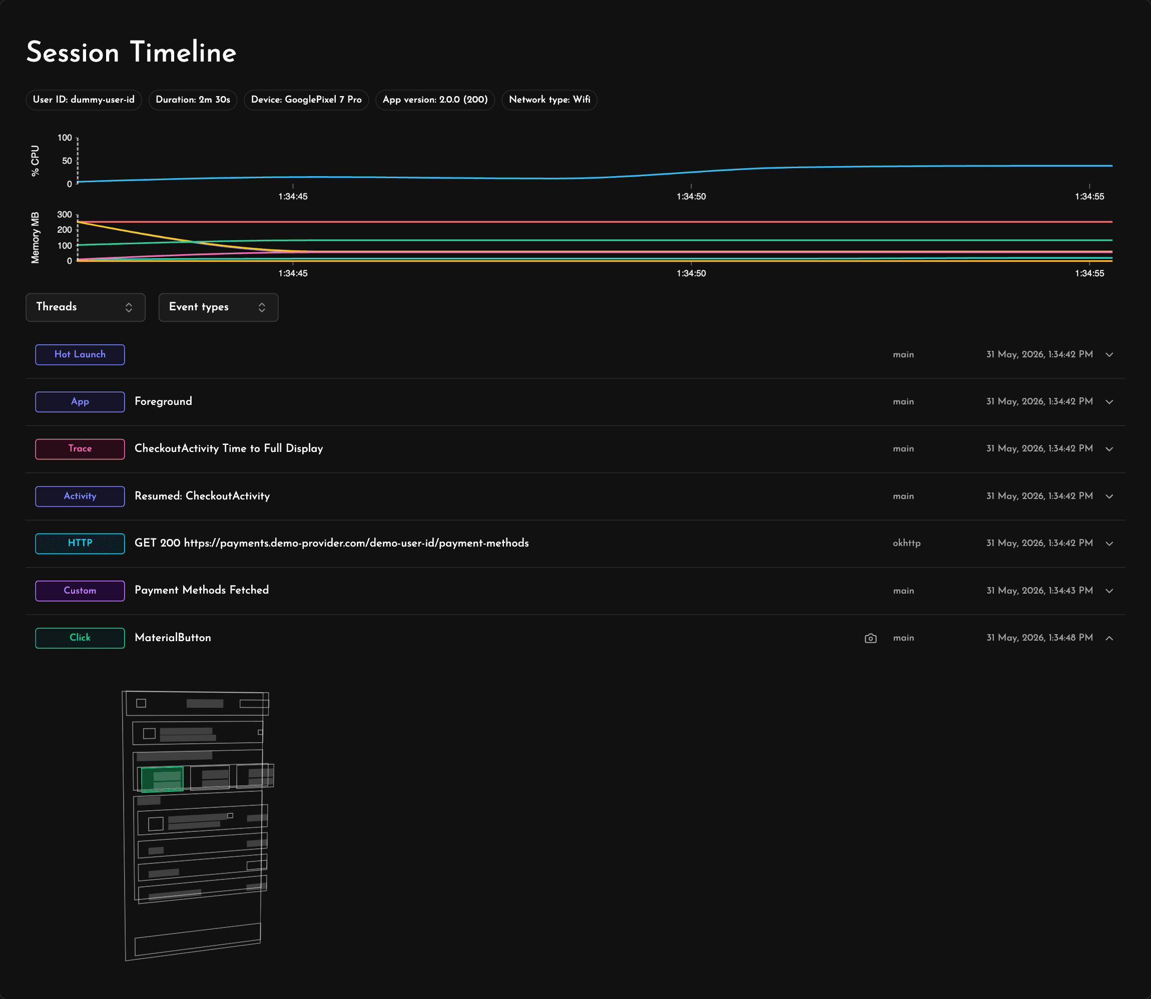 Session timeline for an iOS session in Measure