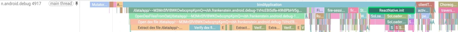 Perfetto main thread track during app startup, with the ReactNative.init section highlighted inside bindApplication.