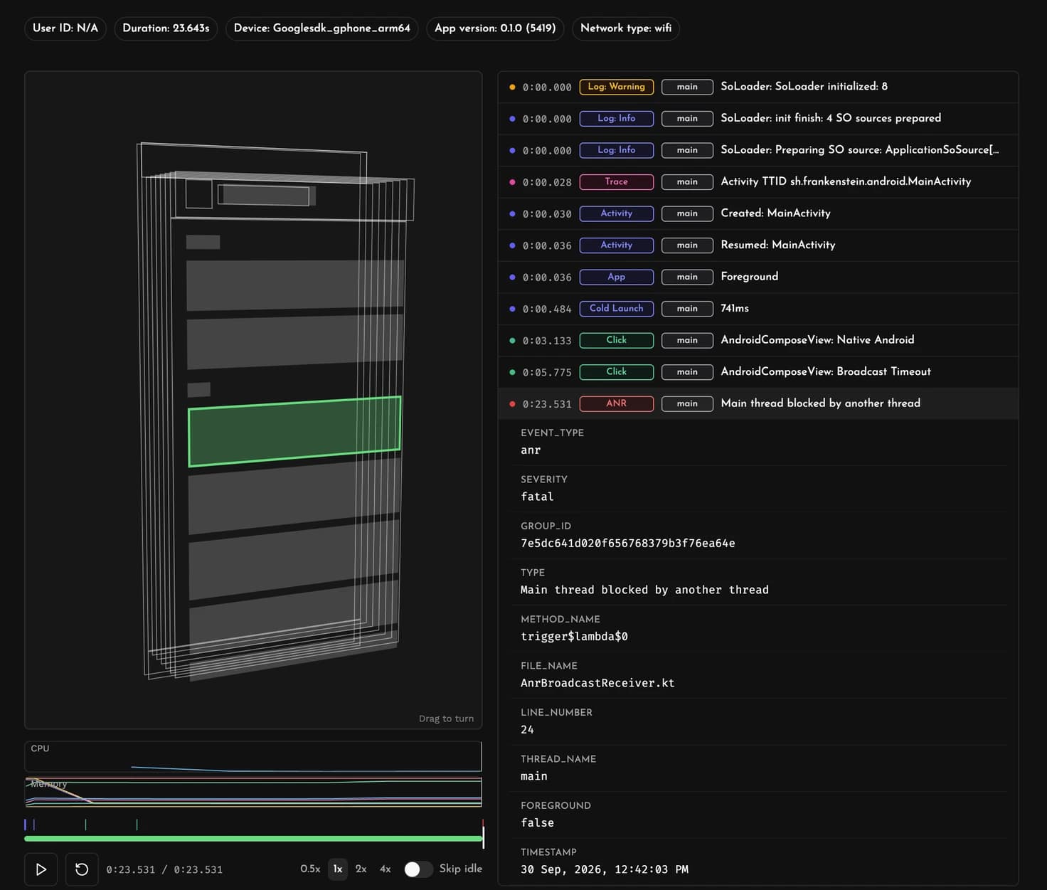 Measure's session replay for an ANR, showing the event timeline leading up to the ANR, CPU and memory graphs, and the ANR details with the blocking method, file and line number.