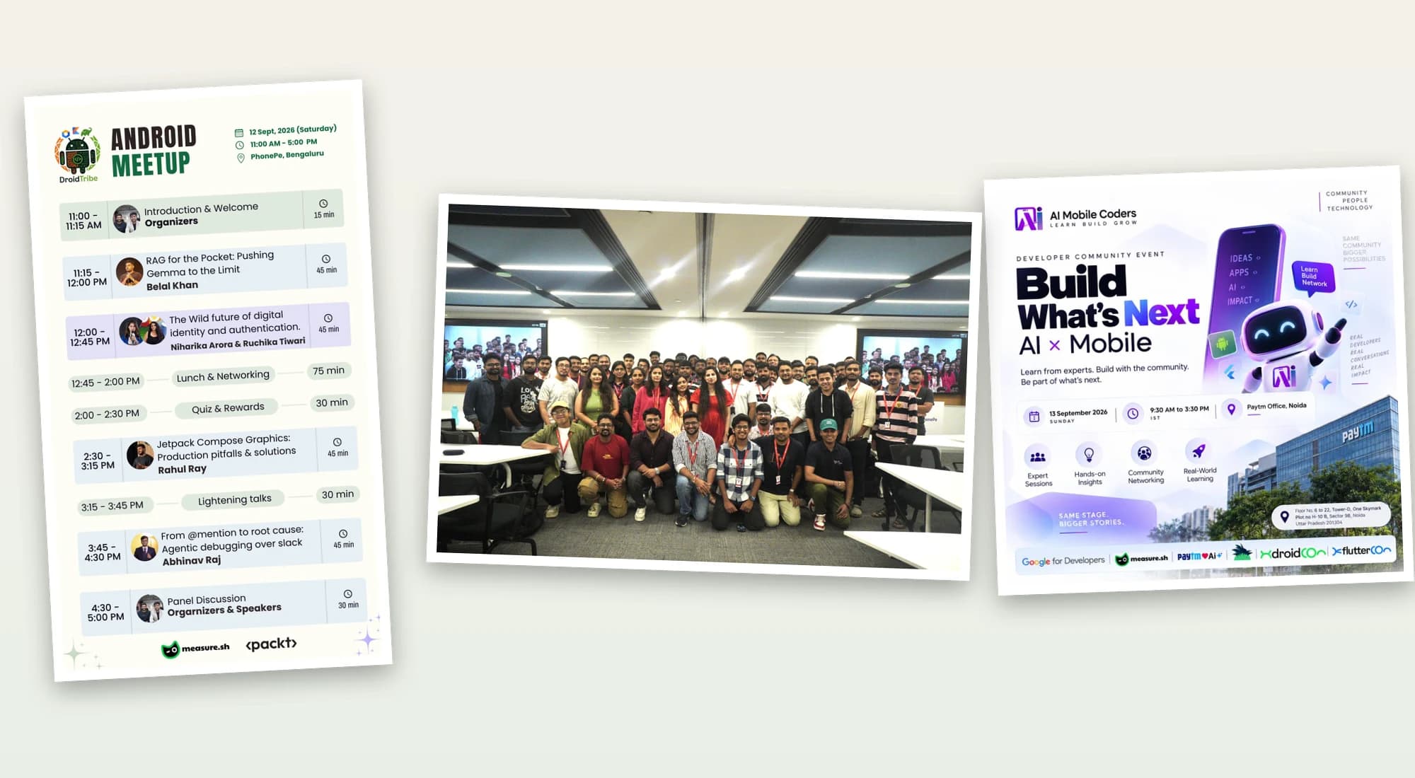Group photo from the DroidTribe meetup at PhonePe, Bengaluru, between the posters for the DroidTribe meetup and Build What's Next: AI × Mobile in Noida