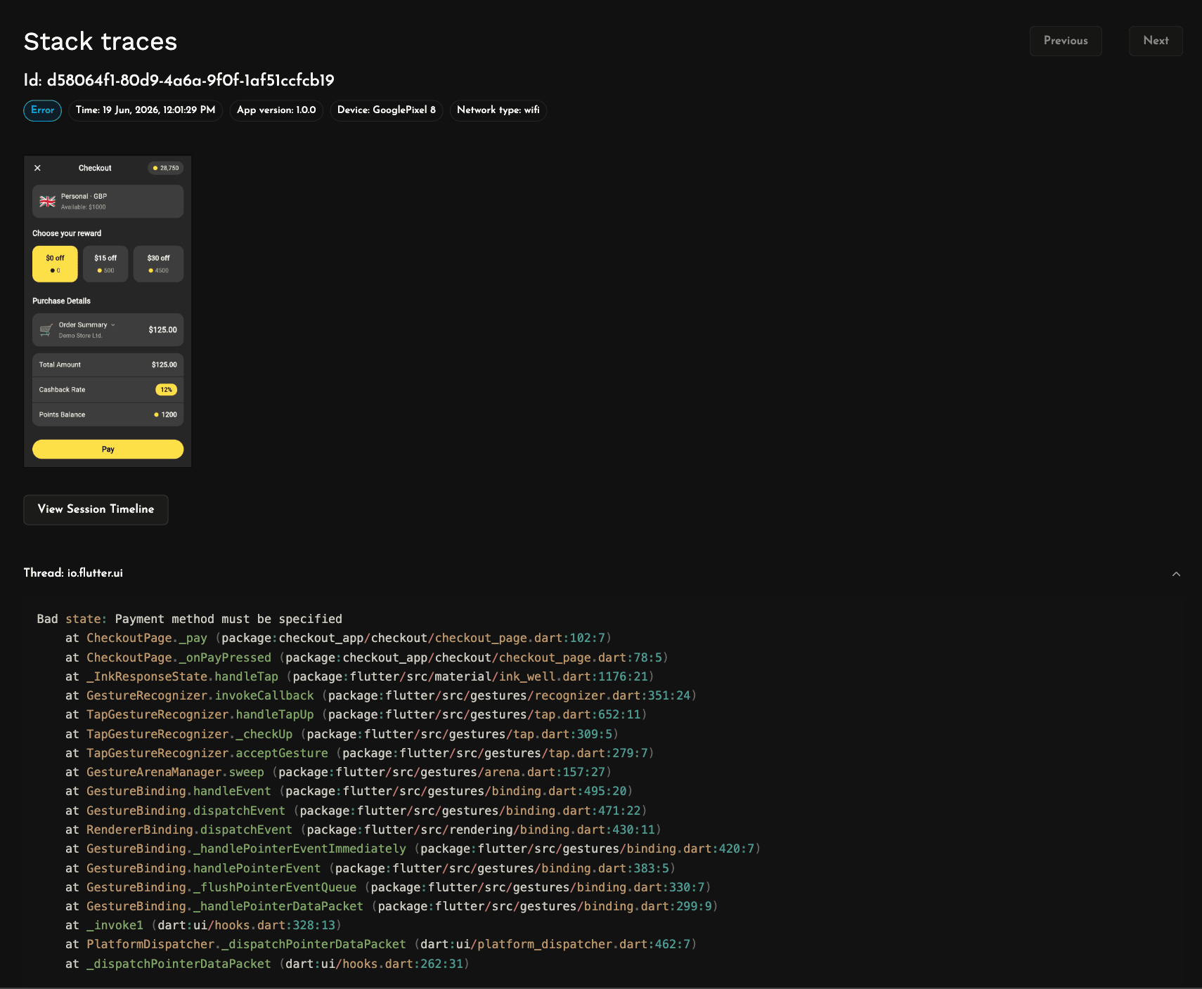 Detailed crash stack trace with all threads for a Flutter app in Measure