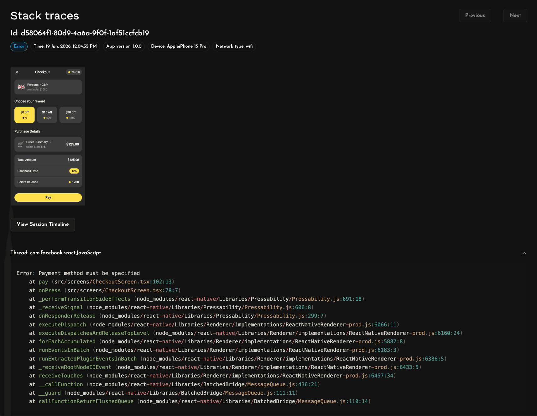 Detailed crash stack trace with all threads for a React Native app in Measure