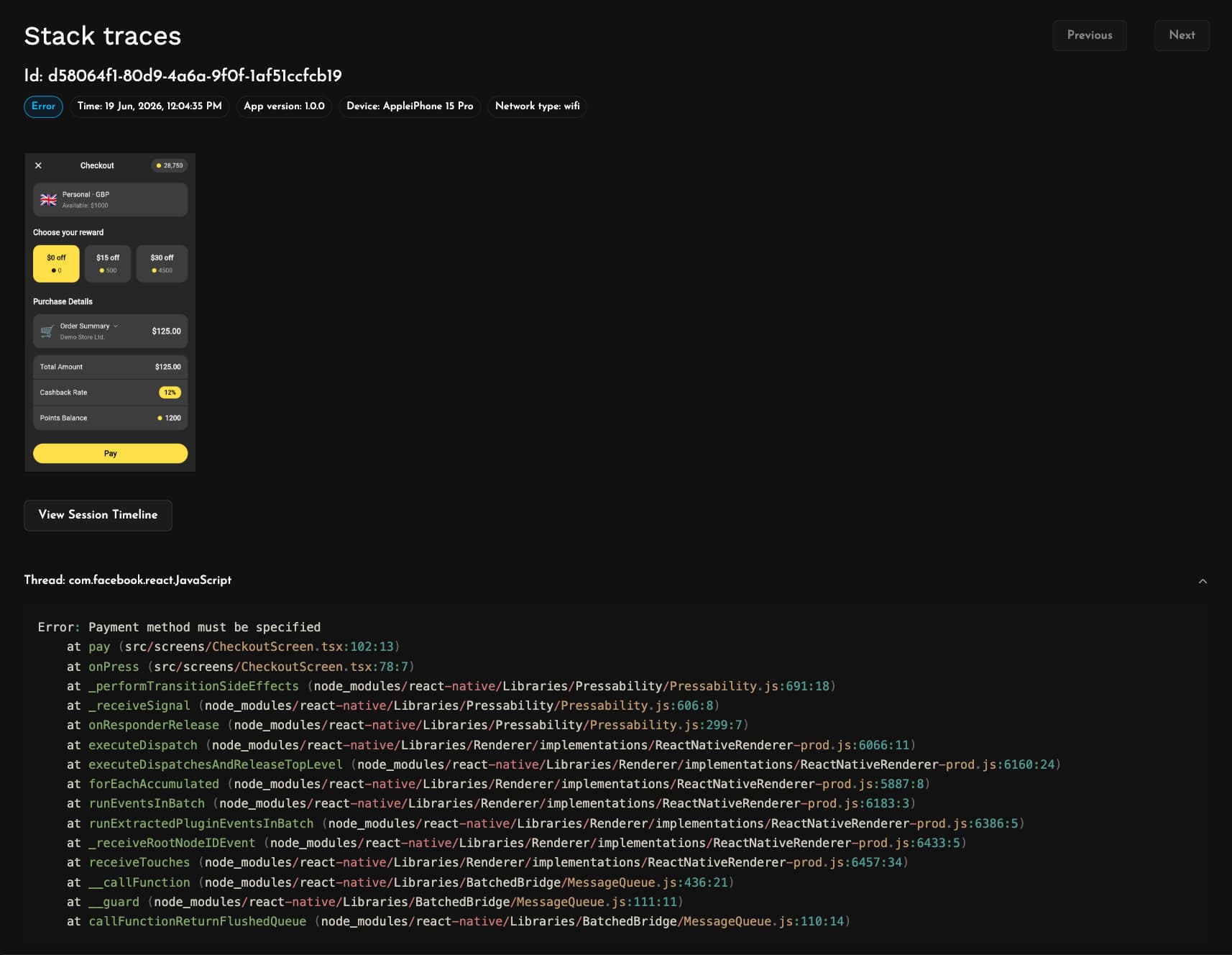 Detailed crash stack trace with all threads for a React Native app in Measure